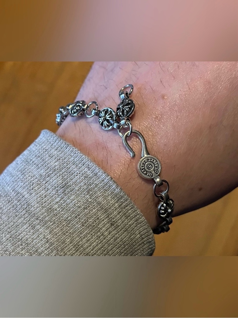 Chrome Hearts CH Silver Cross Ball Bracelet With Hook Closure Y2K Style 8-8.5”